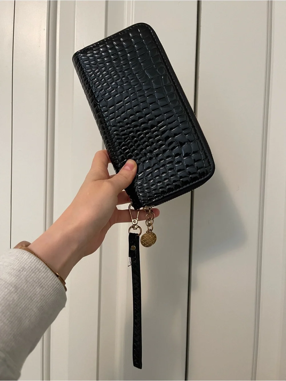 Croc-Embossed Black Zip-Around Wristlet Wallet with Charm